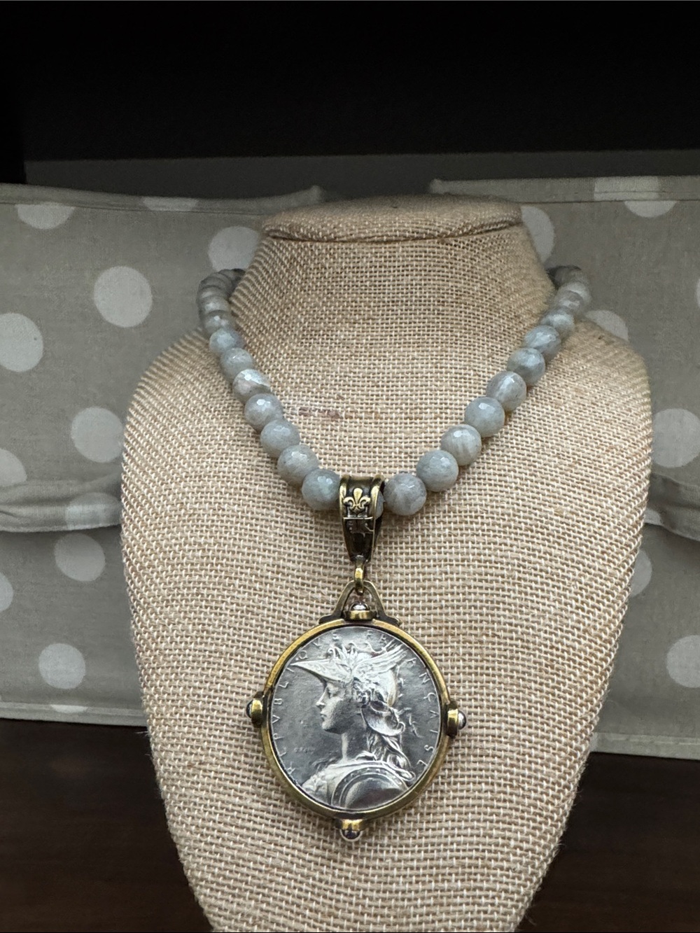 Beaded Gray Stone Necklace with Antique Gold and silver Pendant